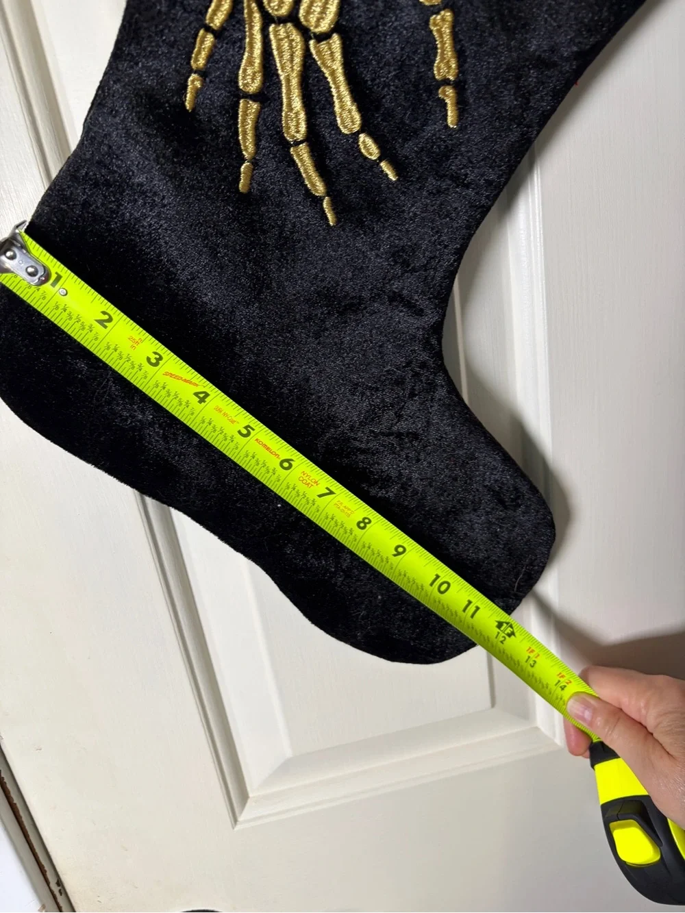Black Velvet Holiday Stocking with Gold Skeleton Hand Embroidery